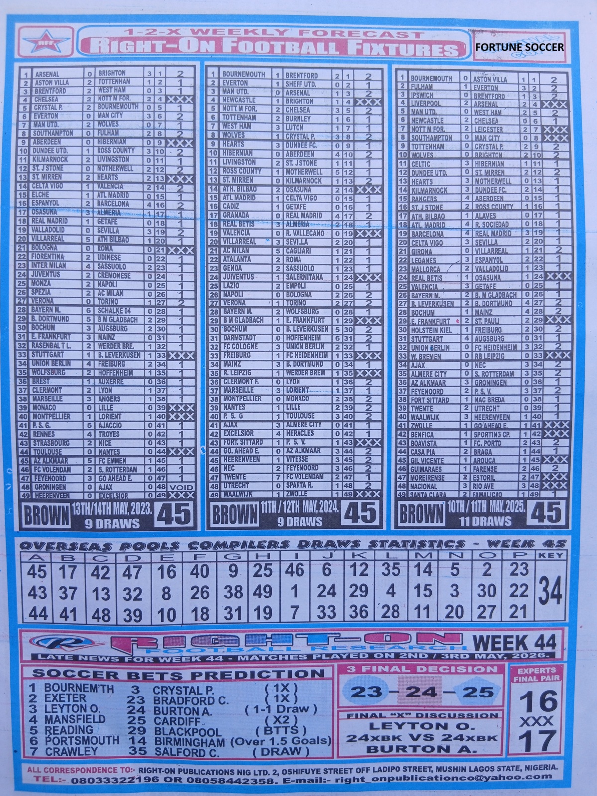 week 45 right on fixtures 2026 back page