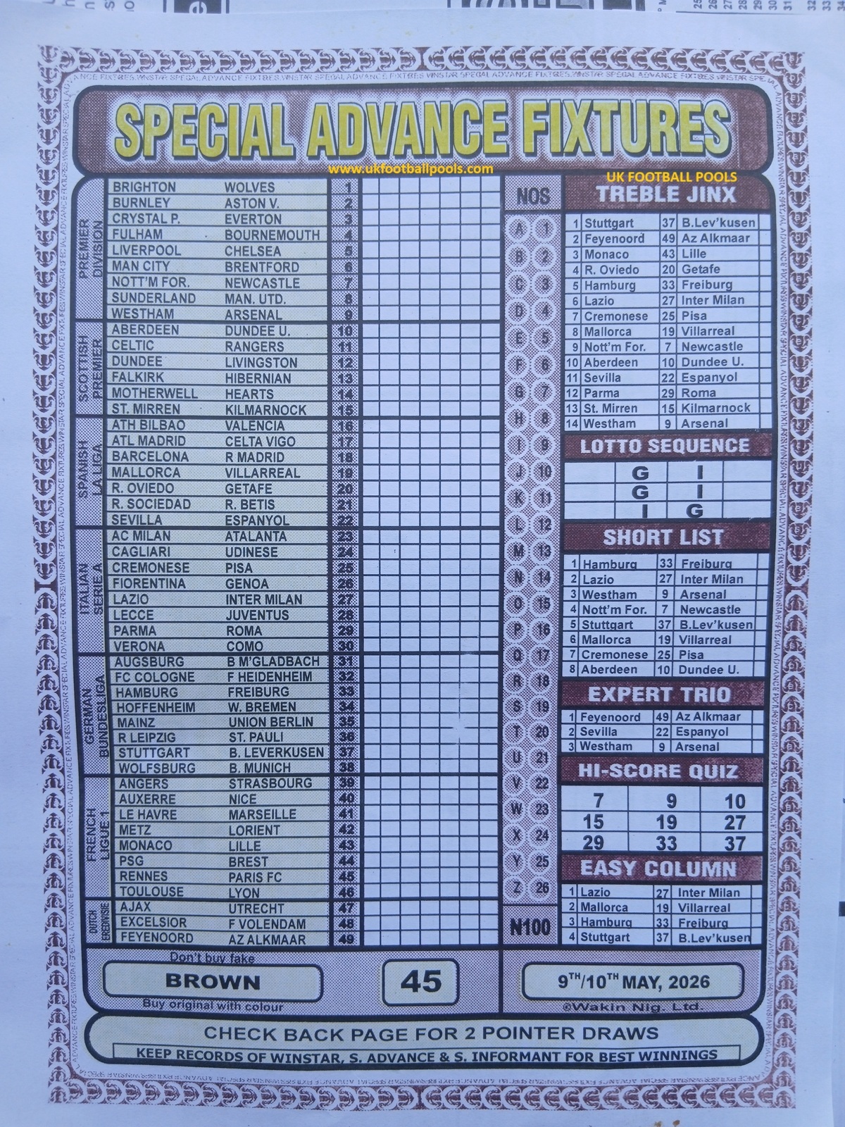 week 45 special advance fixtures 2026 front page