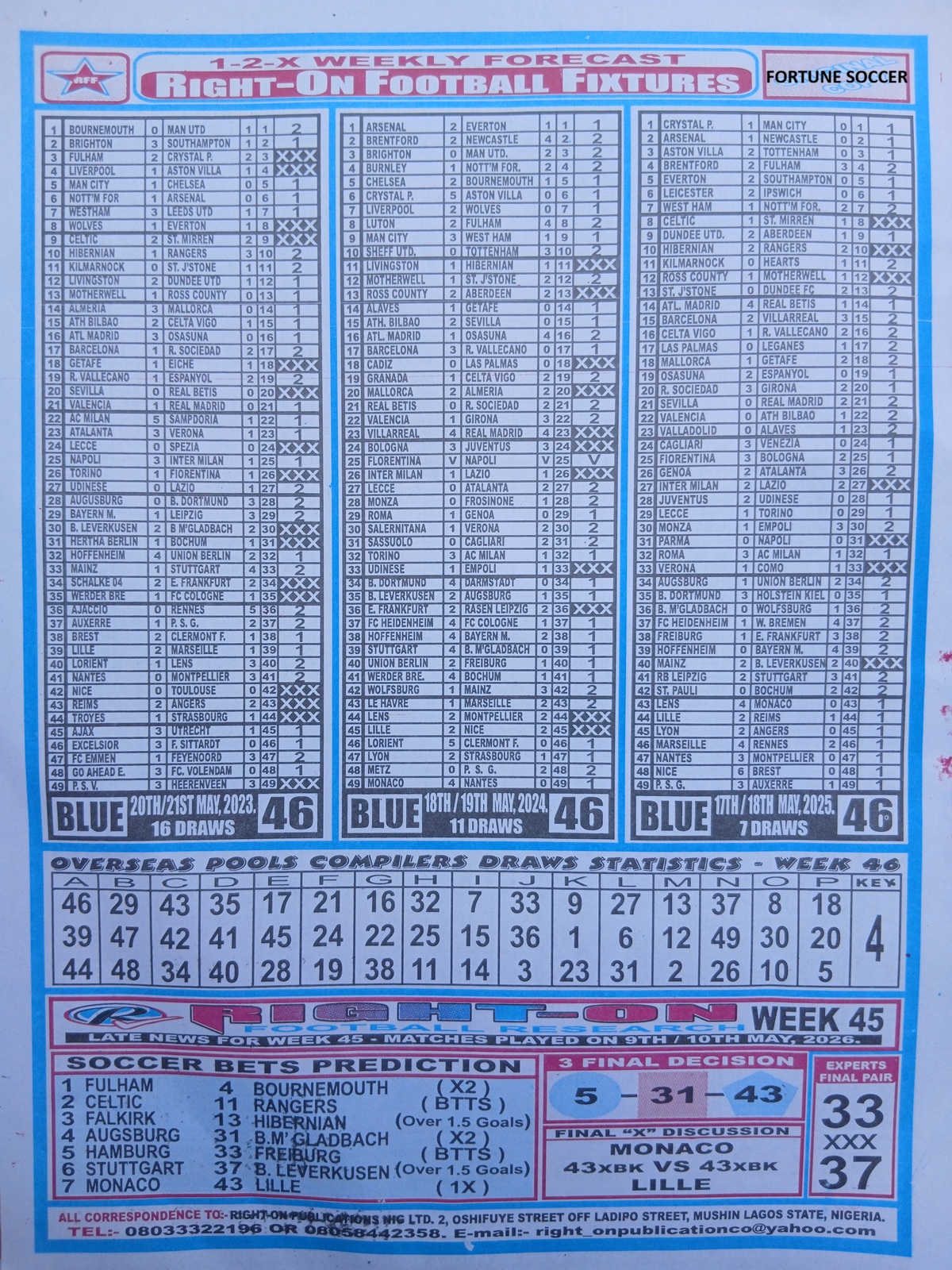 week 46 right on fixtures 2026 back page