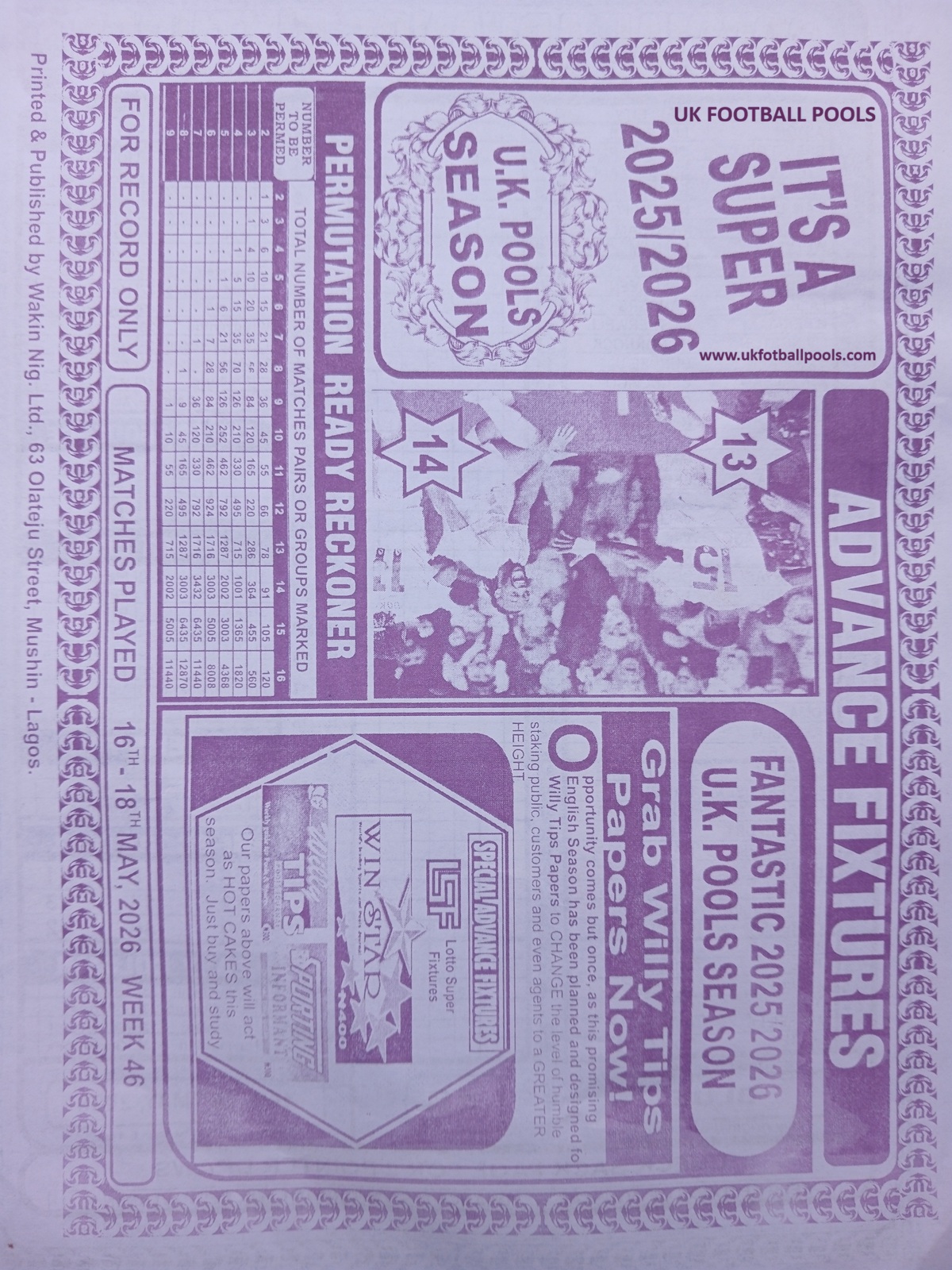 week 46 special advance fixtures 2026 back page