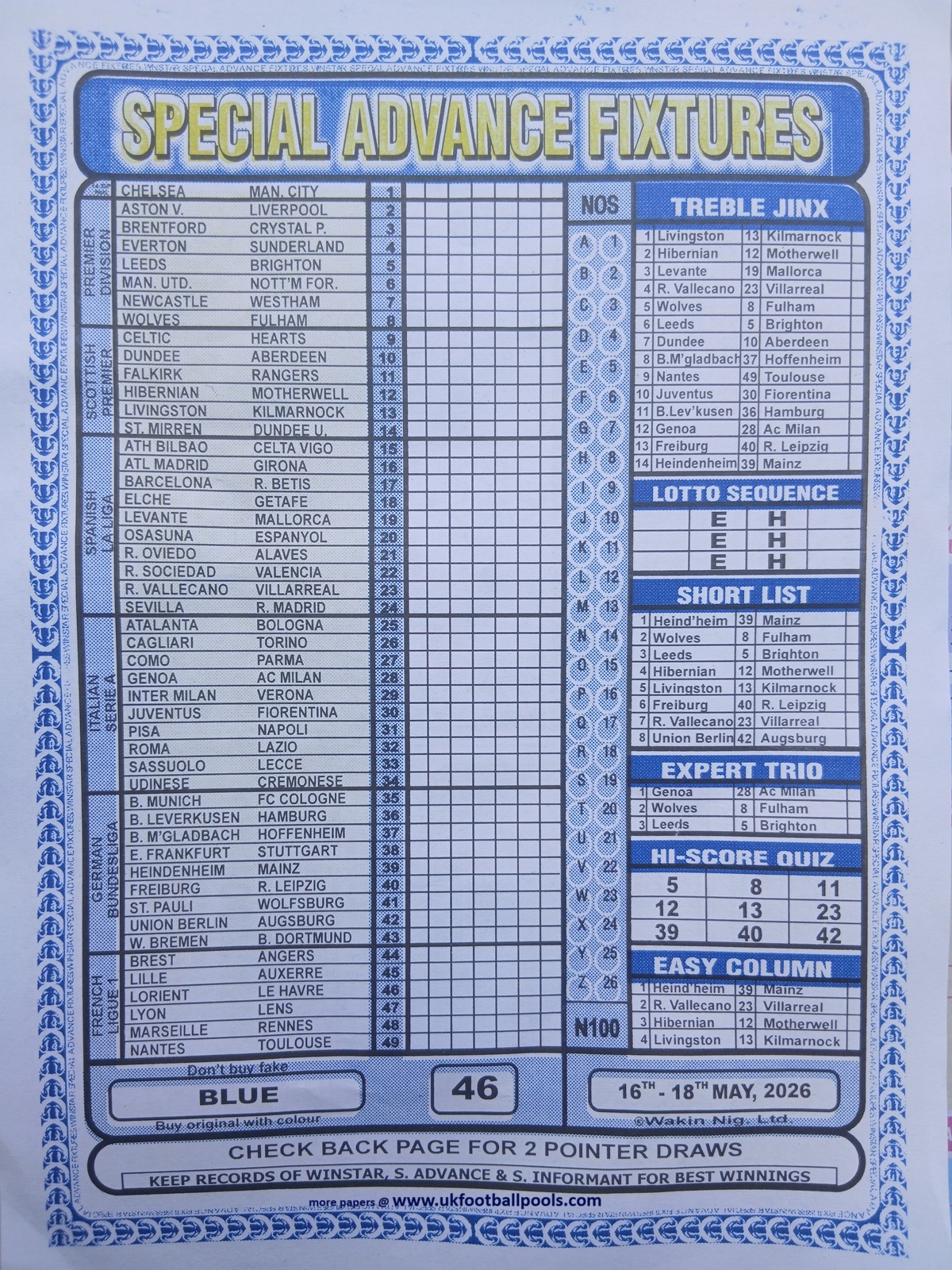 week 46 special advance fixtures 2026 front page
