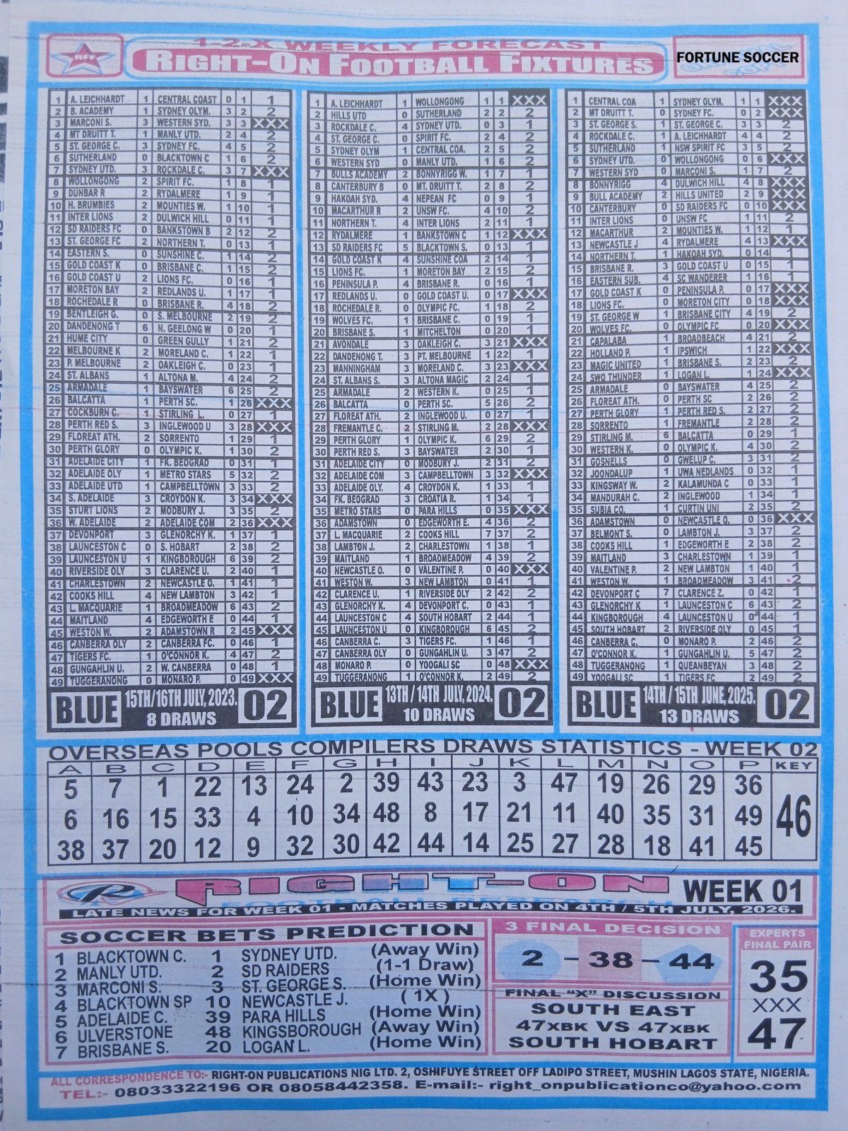 week 2 right on fixtures 2026 back page